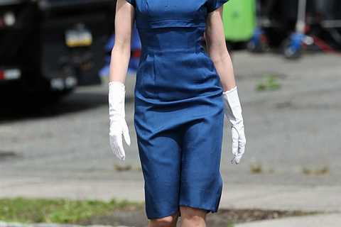 Anne Hathaway looks timeless in a ’60s-inspired blue dress with Jessica Chastain on the set of Mother’s Instinct